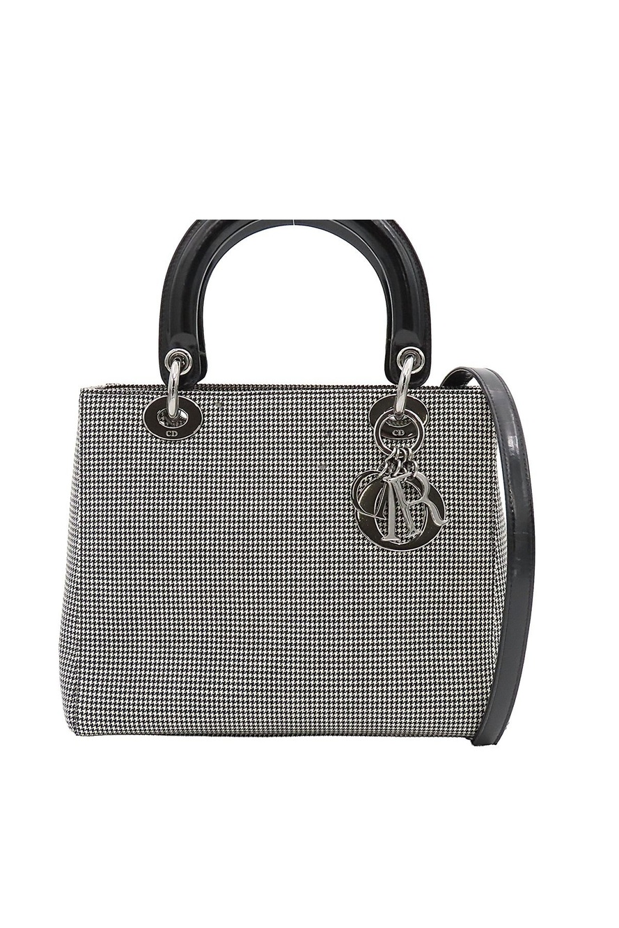 Dior Medium 2-Way Handbag Houndstooth Black White Canvas Leather